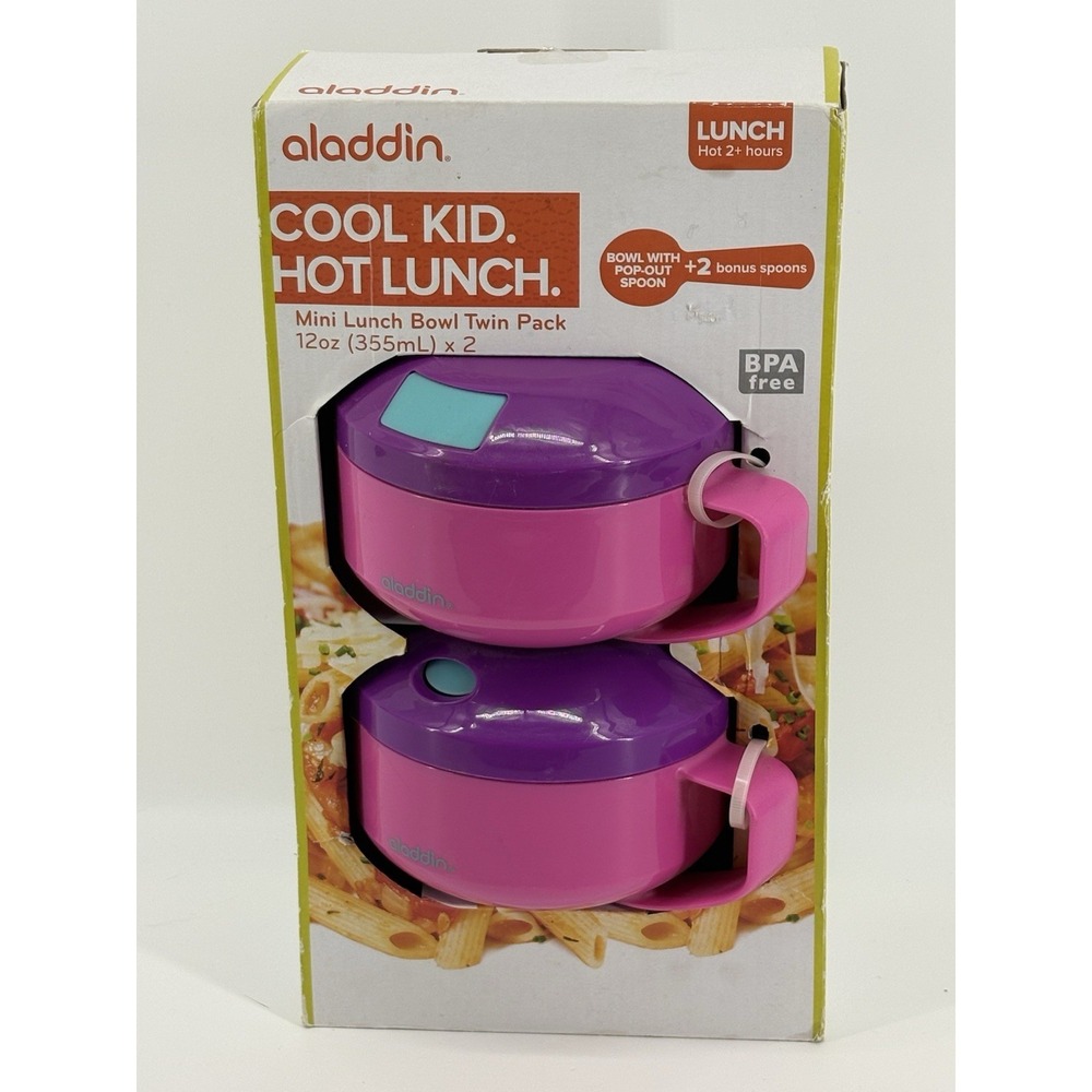 Aladdin 2 Pack Mini Lunch Bowl Built-In Spoon Holder 12 Oz Brand New Pink Purple